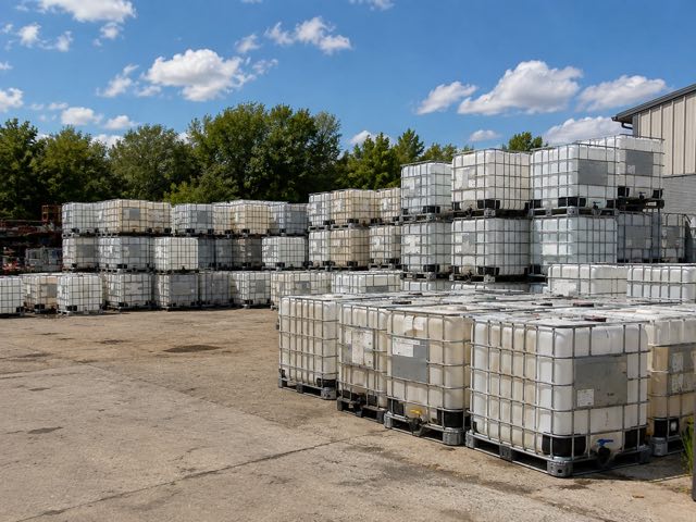 A wide view of an outdoor container yard with dozens of stacked IBC totes, trees and blue sky behind