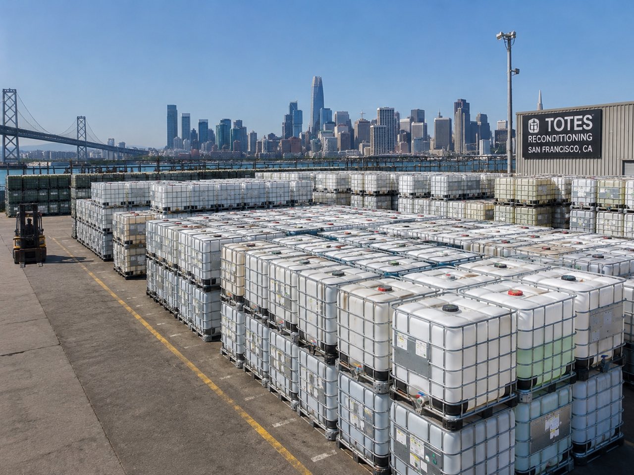The Bancroft Avenue reconditioning yard packed with IBC totes, with the Bay Bridge and the San Francisco skyline behind it