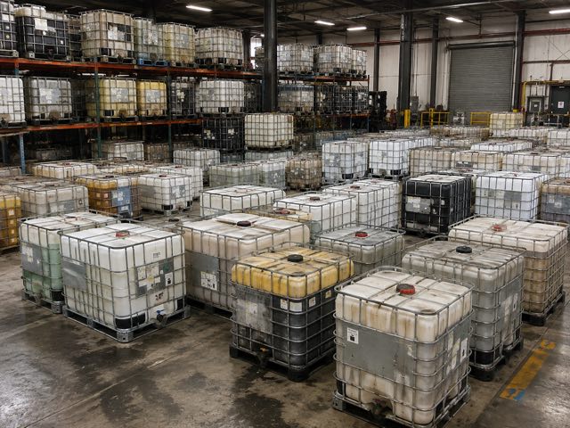 Interior of a warehouse with IBC totes racked on shelving and stored on the floor in a range of colours and conditions