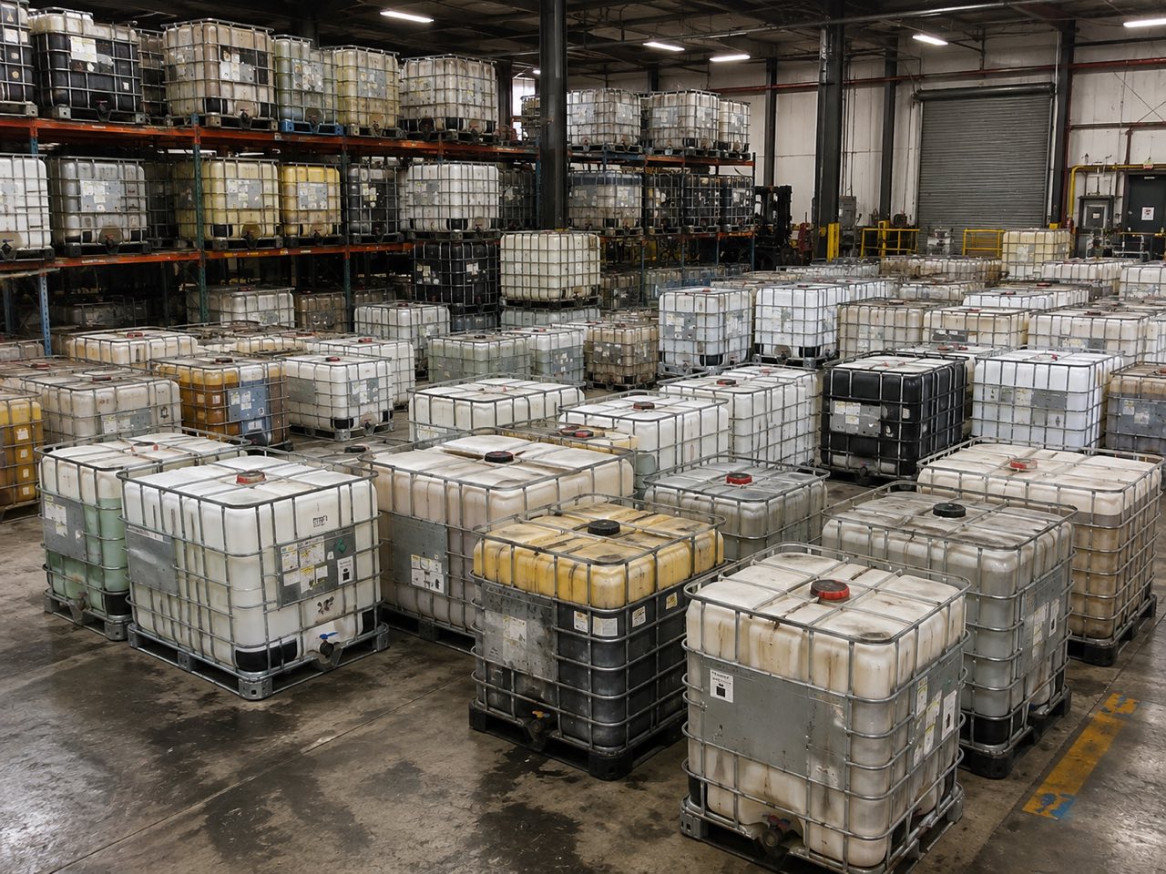 Interior of a warehouse with IBC totes racked on shelving and stored on the floor in a range of colours and conditions